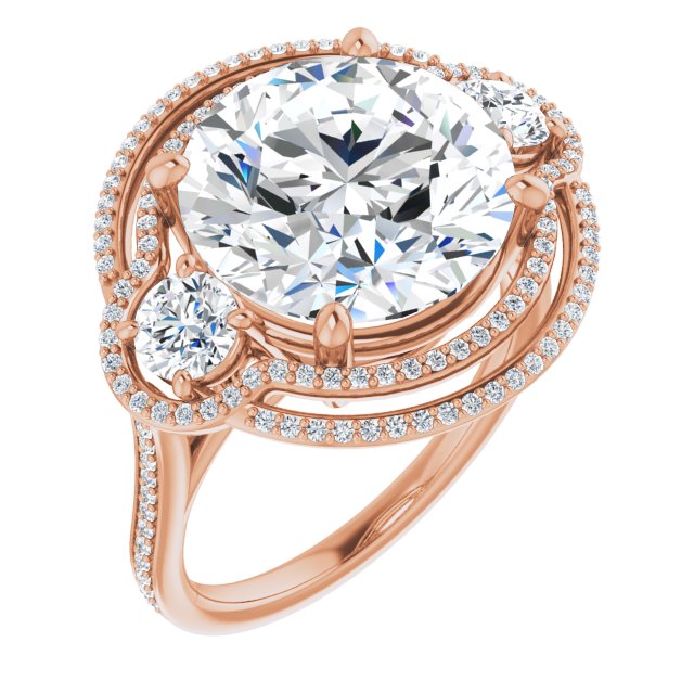 18K Rose 3-Stone Halo-Style Engagement Ring Mounting