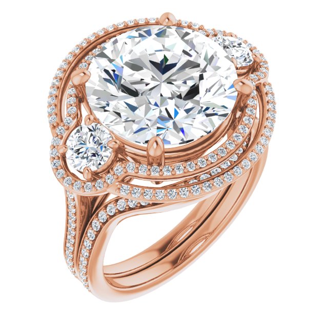 18K Rose 3-Stone Halo-Style Engagement Ring Mounting