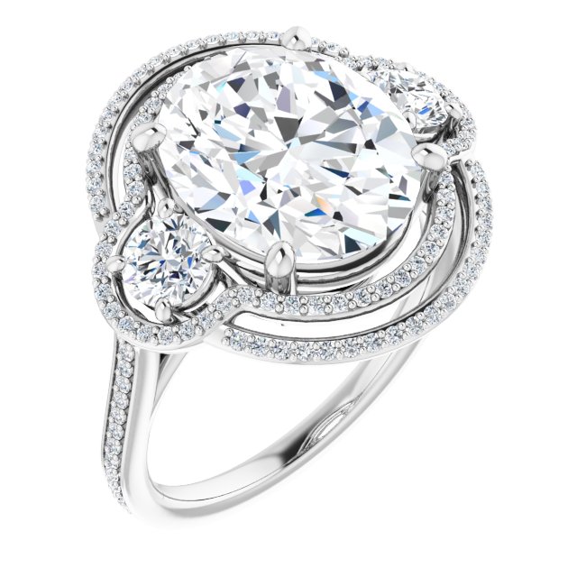 14K White 3-Stone Halo-Style Engagement Ring Mounting
