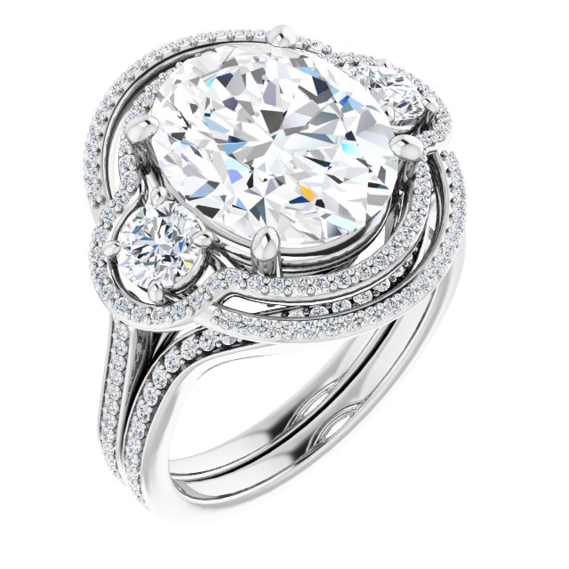14K White 3-Stone Halo-Style Engagement Ring Mounting