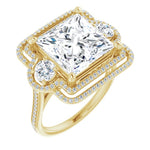 18K Yellow 3-Stone Halo-Style Engagement Ring Mounting