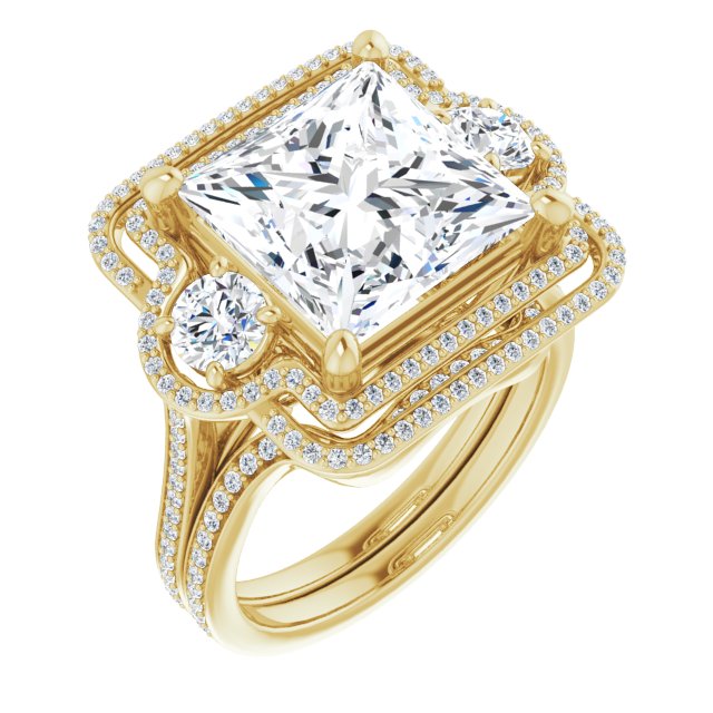 18K Yellow 3-Stone Halo-Style Engagement Ring Mounting