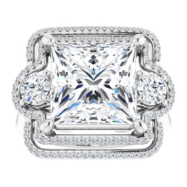 18K White 3-Stone Halo-Style Engagement Ring Mounting