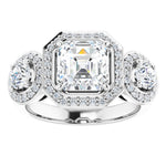 18K White 3-Stone Halo-Style Engagement Ring Mounting