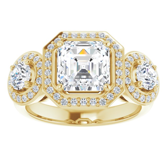 18K Yellow 3-Stone Halo-Style Engagement Ring Mounting