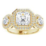 18K Yellow 3-Stone Halo-Style Engagement Ring Mounting