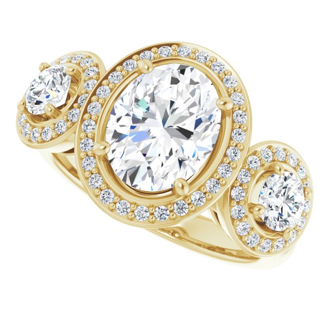 14K Yellow 3-Stone Halo-Style Engagement Ring Mounting