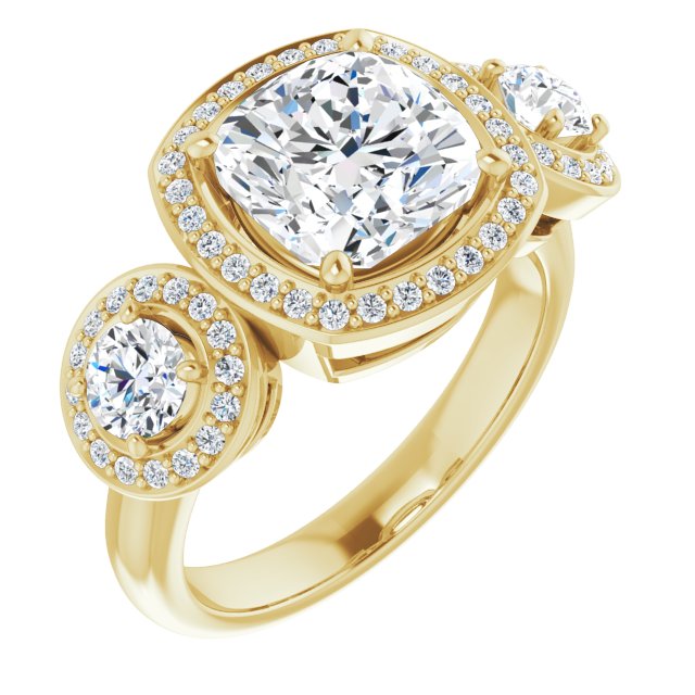 14K Yellow 3-Stone Halo-Style Engagement Ring Mounting