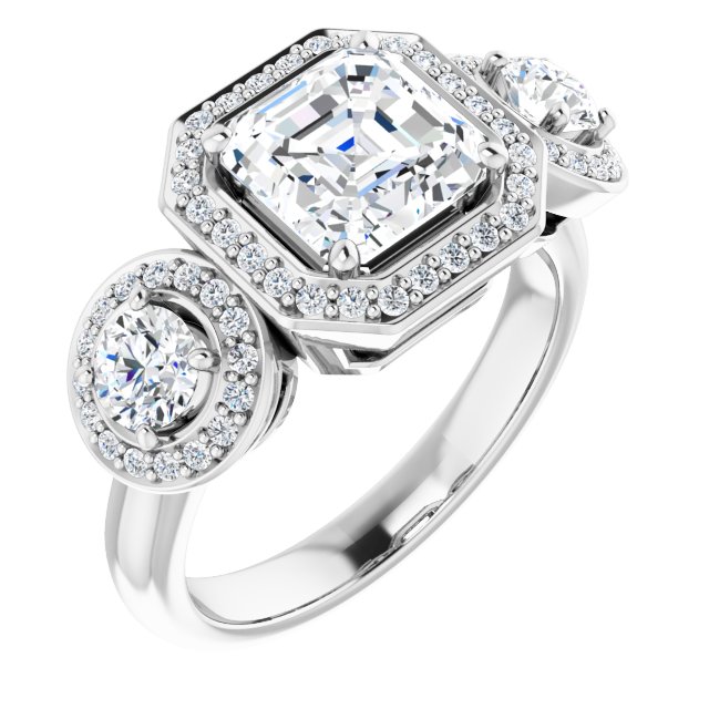 18K White 3-Stone Halo-Style Engagement Ring Mounting