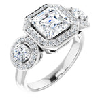 18K White 3-Stone Halo-Style Engagement Ring Mounting