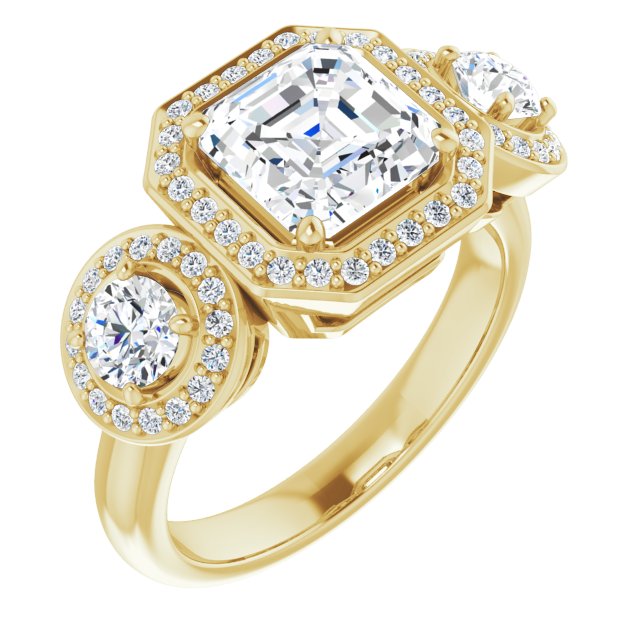 18K Yellow 3-Stone Halo-Style Engagement Ring Mounting