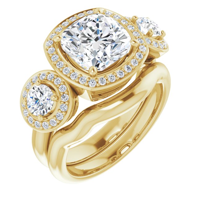 14K Yellow 3-Stone Halo-Style Engagement Ring Mounting