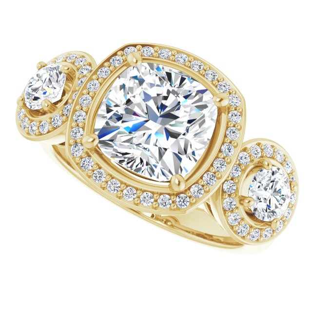 14K Yellow 3-Stone Halo-Style Engagement Ring Mounting