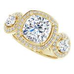 14K Yellow 3-Stone Halo-Style Engagement Ring Mounting