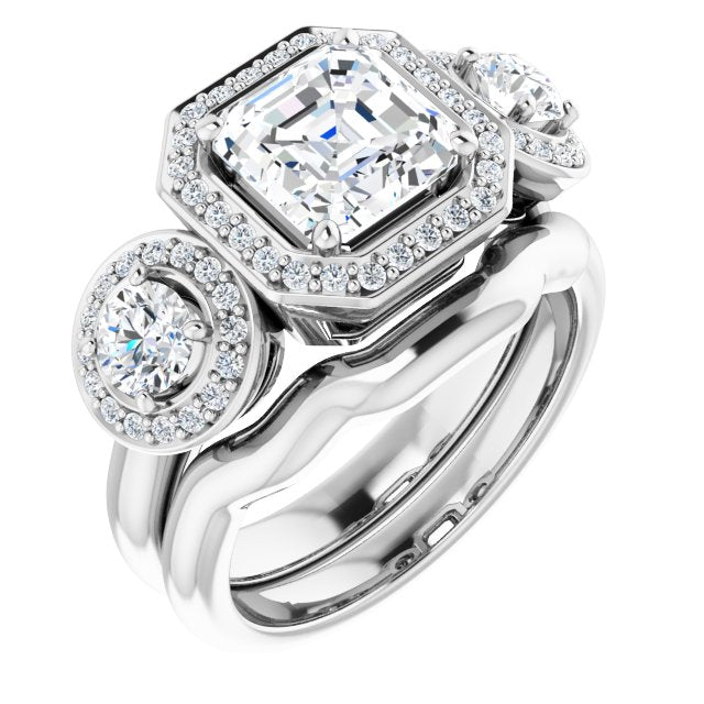 18K White 3-Stone Halo-Style Engagement Ring Mounting