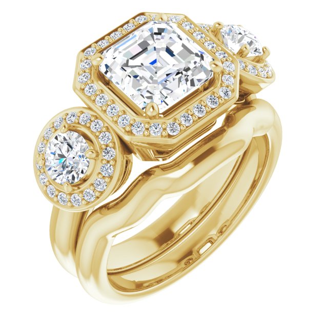 18K Yellow 3-Stone Halo-Style Engagement Ring Mounting