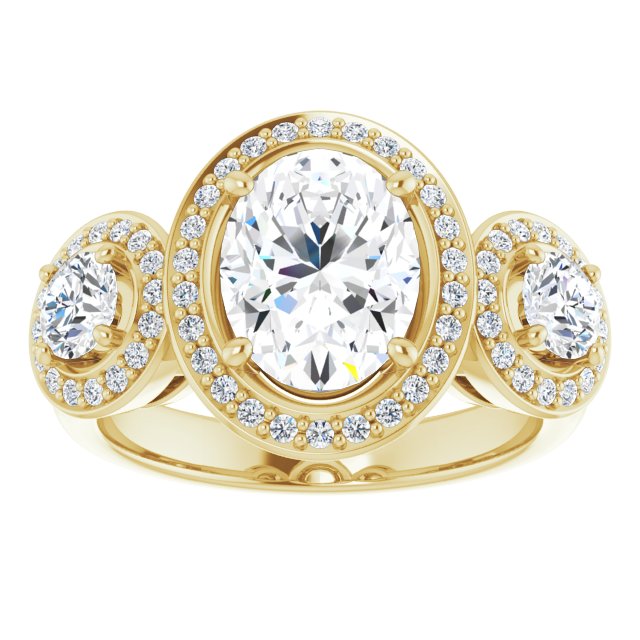 14K Yellow 3-Stone Halo-Style Engagement Ring Mounting