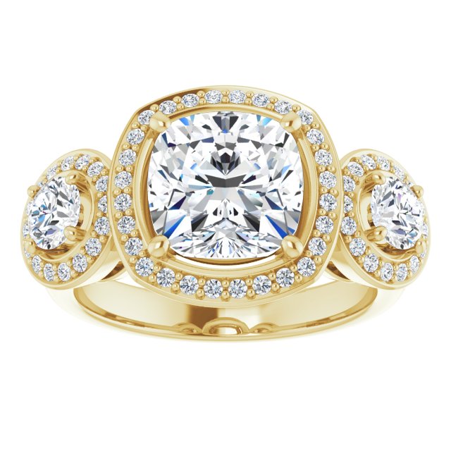 14K Yellow 3-Stone Halo-Style Engagement Ring Mounting