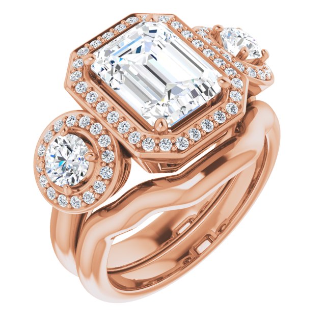 14K Rose 3-Stone Halo-Style Engagement Ring Mounting