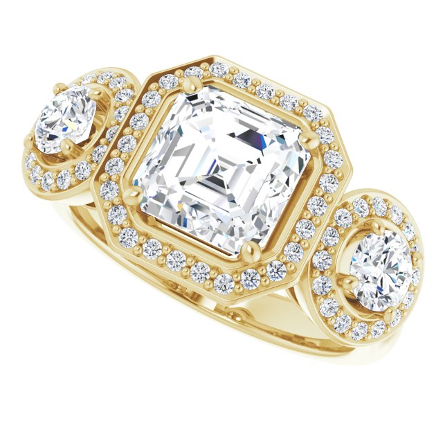 18K Yellow 3-Stone Halo-Style Engagement Ring Mounting