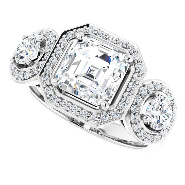 18K White 3-Stone Halo-Style Engagement Ring Mounting