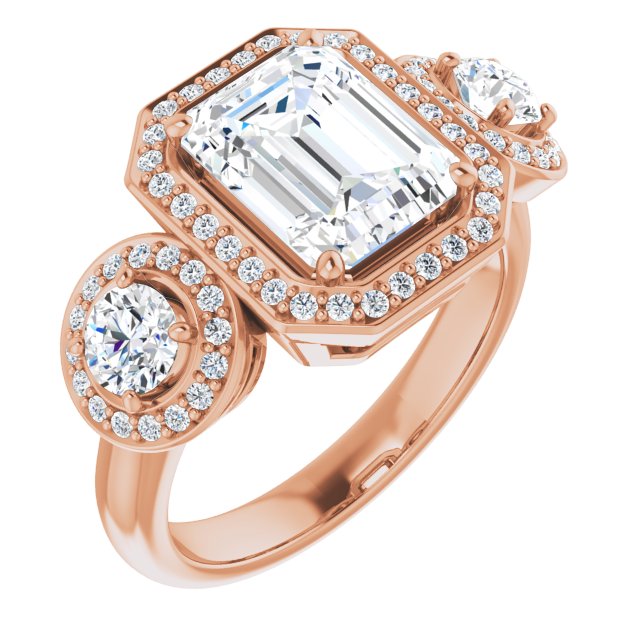 14K Rose 3-Stone Halo-Style Engagement Ring Mounting