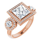 14K Rose 3-Stone Halo-Style Engagement Ring Mounting