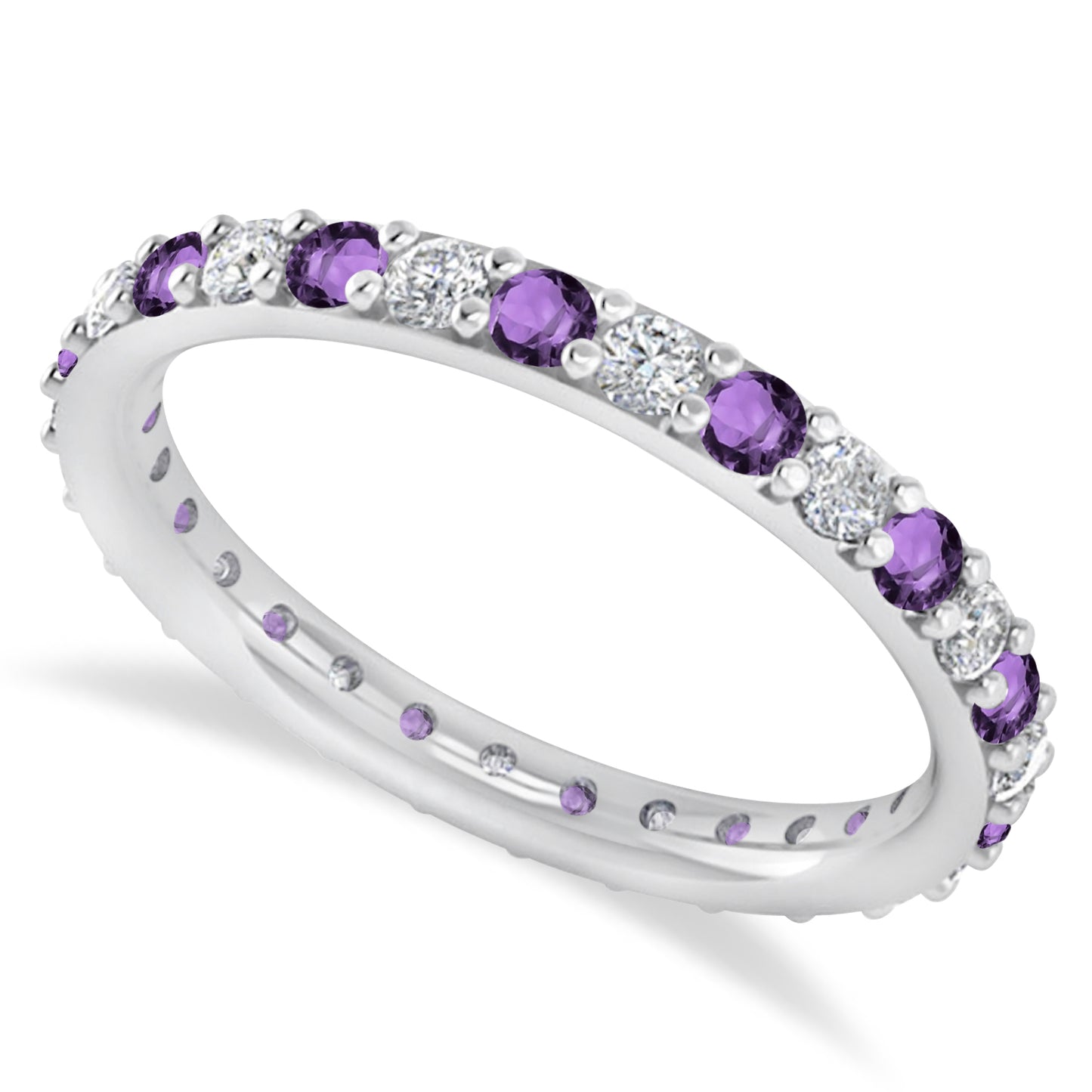 Allurez 0.87 CTW Round#Round Diamond#Amethyst 14 K White Gold Eternity Wedding Band